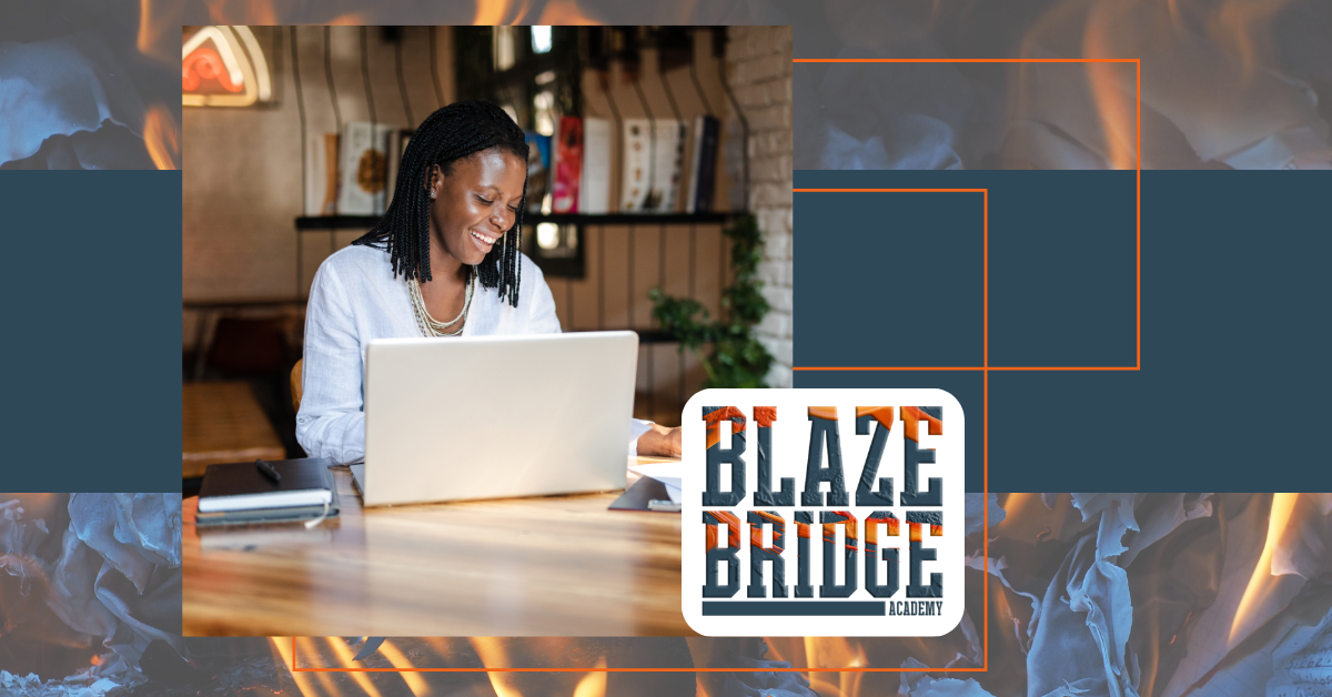 African American woman sits on her laptop while she studies how to become a social media manager with Blazebridge Academy.